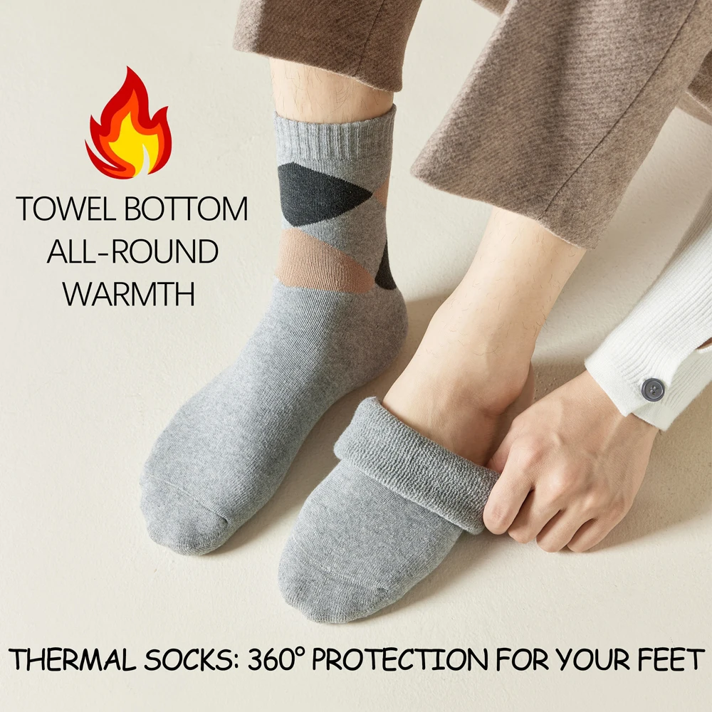 Meias masculinas retrô de algodão argyle, forradas de lã, sola felpuda, meias longas de algodão anti-odor, meias de cano médio para o calor do inverno