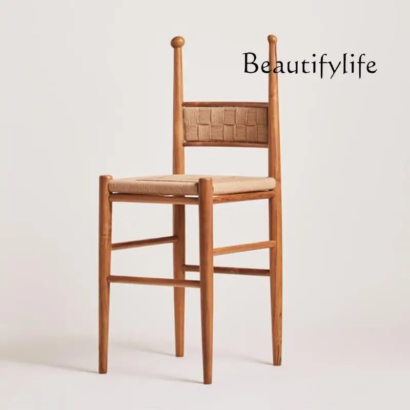 

Retro rope woven solid wood bar chair medieval home backrest high chair simple designer homestay fashion