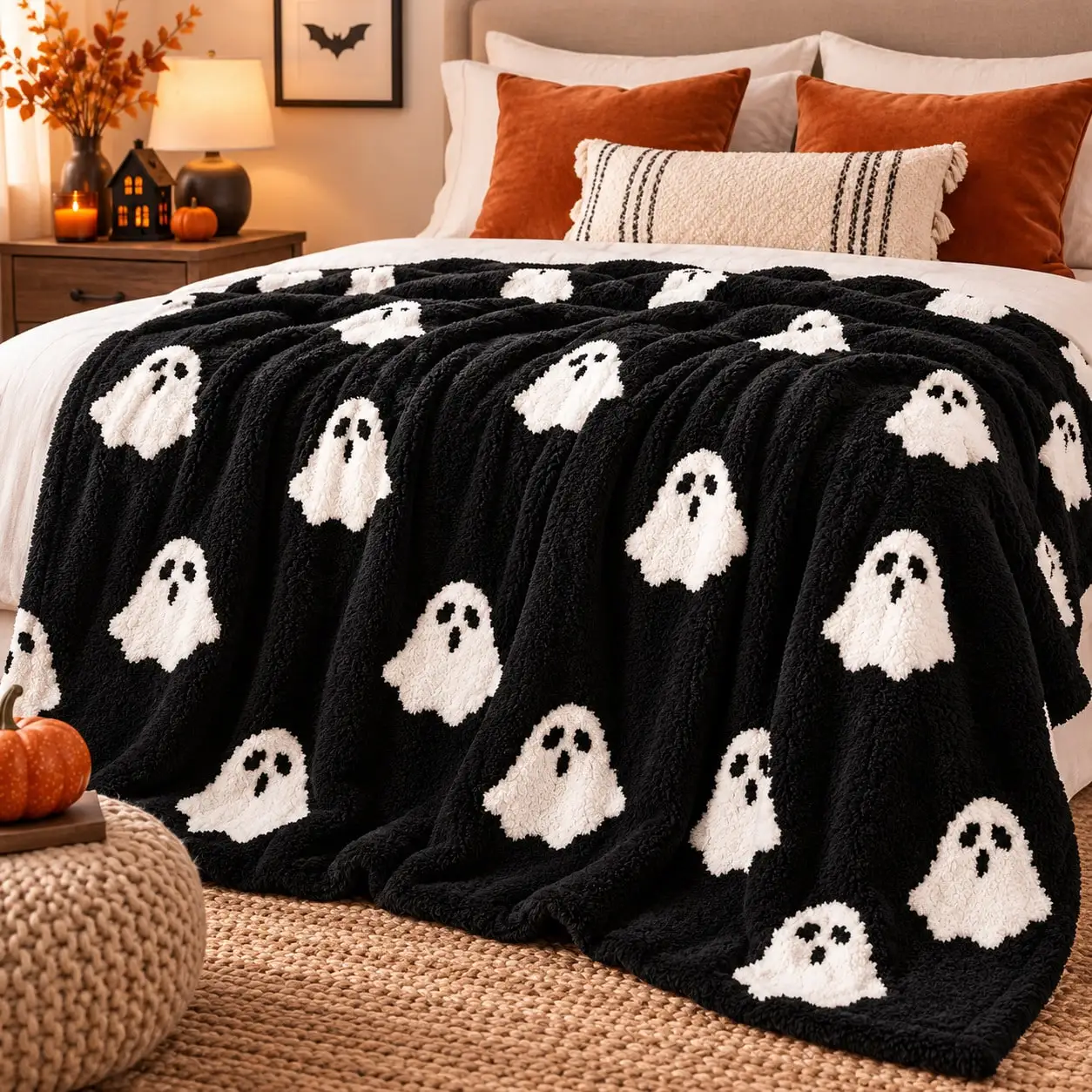 Halloween Black Cat Ghost Flannel Throw Blanket, Cute Pink White Candy Soft Cozy Lightweight Blanket For Couch Bed Sofa, Living Room Bedroom Dorm Movie Night Spooky Decor, 50x60 Inch