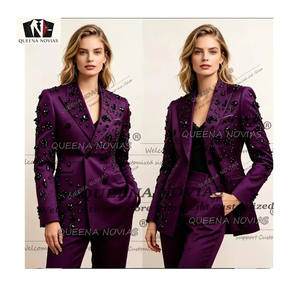 Elegant Diamond Beaded Suit Women Double Breasted Jacket Pants 2 Piece Sets Lady Business Tuxedos Customized Bride' Mother Dress