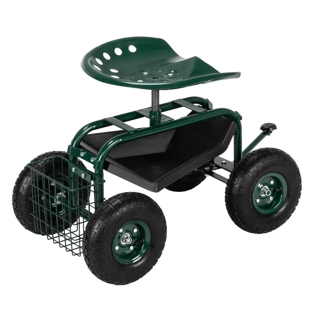 

Rolling Garden Cart Tool Storage Basket Swivel Seat Planting Tray Work 330lbs
