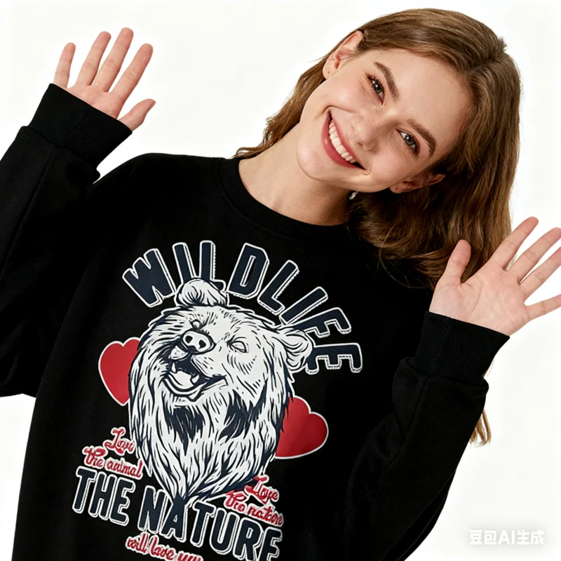 بلوزة بأكمام طويلة ورقبة دائرية من سلسلة طباعة على الطراز الكوري، 100% قطن مع بطانة من الصوف للدفء الإضافي، كاجوال ودافئ #2