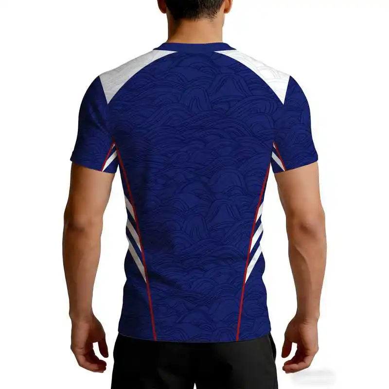 Quick Dry Moisture Wicking Fitness Top Men National Style Wave Pattern Contrast Line Athletic Short Sleeve Tight Muscle Defining