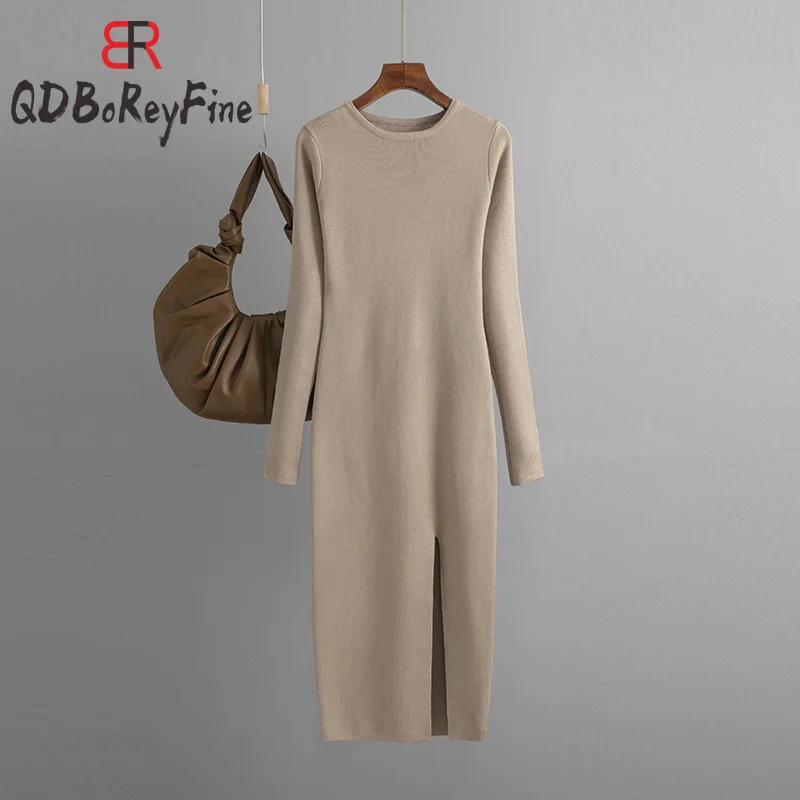 Sexy Women Knitted Dress with Side Slim Black Sweater Dresses Basic Long Sleeve Streetwear O-Neck Long Bodycon Dresses for Women