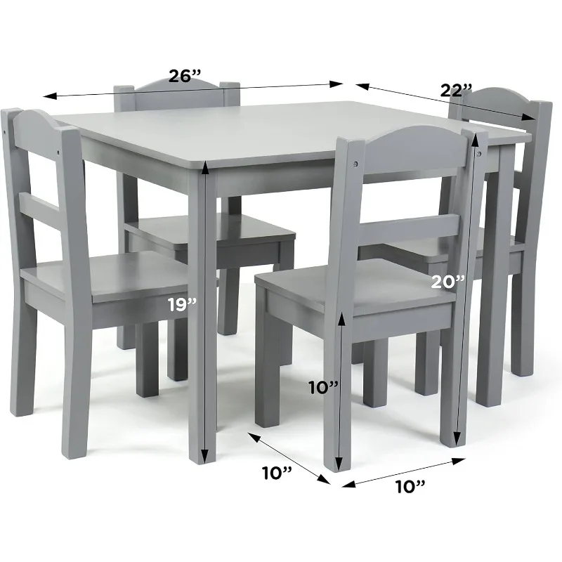 Kids Wood Table and 4 Chair Set,Sturdy Engineered Wood,Durable, Easy to Clean and to Assemble-Grey