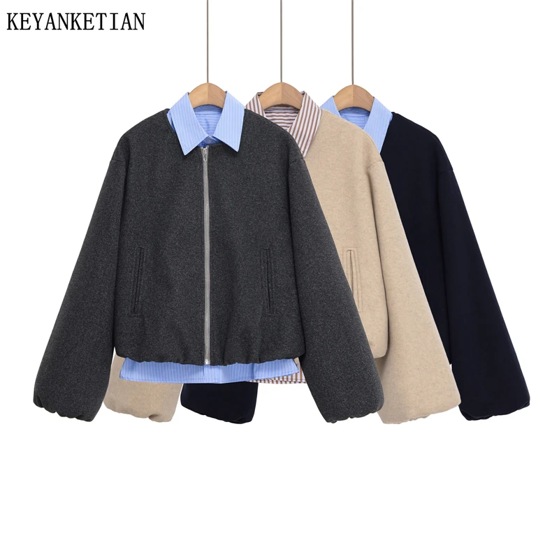 

Зимняя новинка KEYANKETIAN: Женская шерстяная куртка с воротником-рубашкой, в полоску, с эффектом двухслойности, пэчворк, женское шерстяное пальто