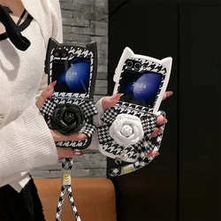 Fashion Houndstooth Flower Phone Case For Samsung Galaxy Z Flip 6 5 4 3 Cover with Hand Strap Silicone Cases For Flip4 Flip5 5G