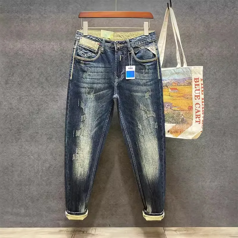 Estilo italiano retrô lavado jeans azul rasgado para homens, calça jeans stretch, calça justa, designer vintage, na moda, de alta qualidade