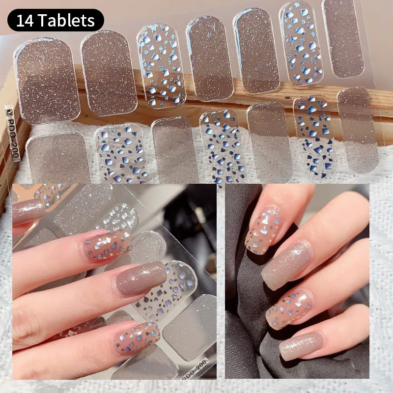 Autocollants pour ongles en gel UV 3D, 14 pièces, paillettes nude, fleurs, nickel é, document adhésif, couverture complète, lampe UV, manucure durcie