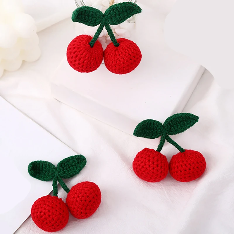 5Pcs Weave Knitted Wool Green Leaf Red Cherry DIY Craft Girl Earrings Pendant Hair Hat Bag Key Ring Clothing Accessories