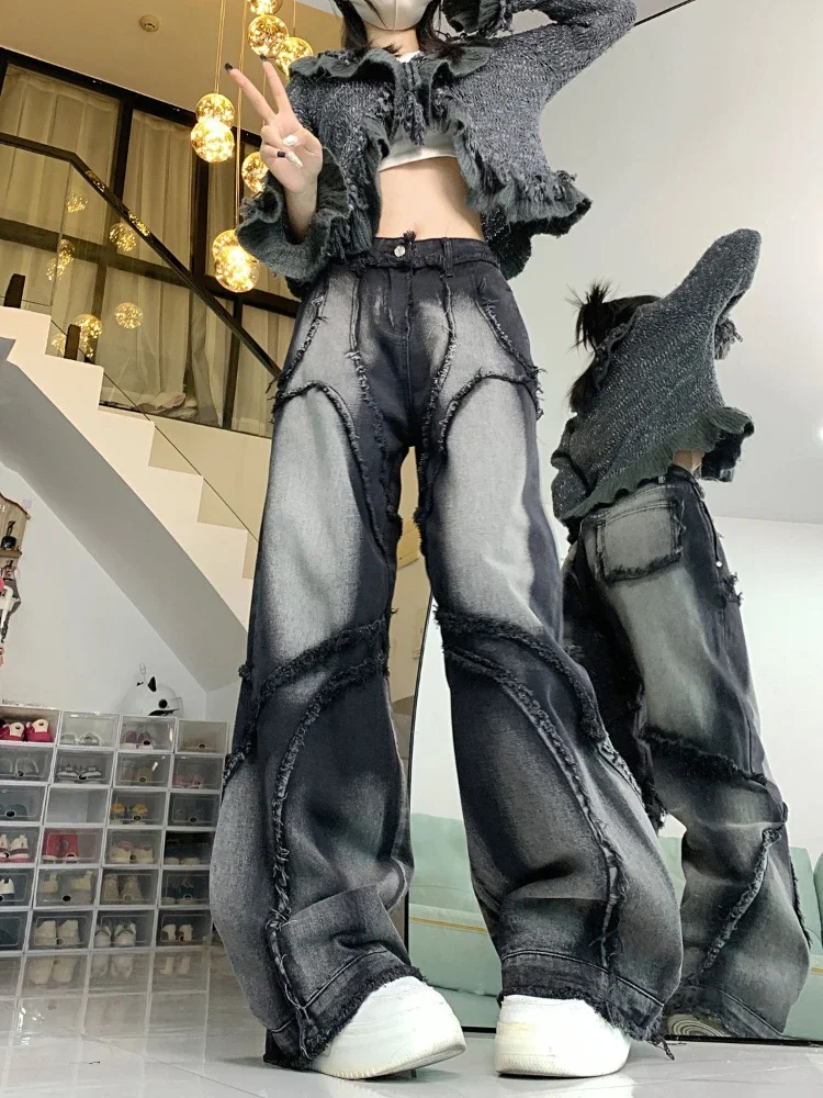 HOUZHOU Grunge Y2k Cargo Jeans Women Streetwear Wide Leg Hip-hop Black Aesthetic Patchwork Jeans Baggy Vintage Denim Trousers