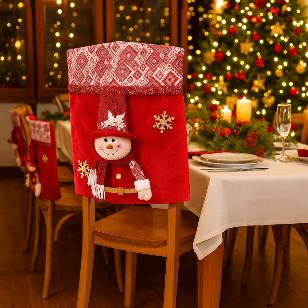 Holiday Decor Cartoon Christmas Chair Cover Snowman Soft Xmas Dinner Chair Seat Cover Removable Decorative Seat Protector Office