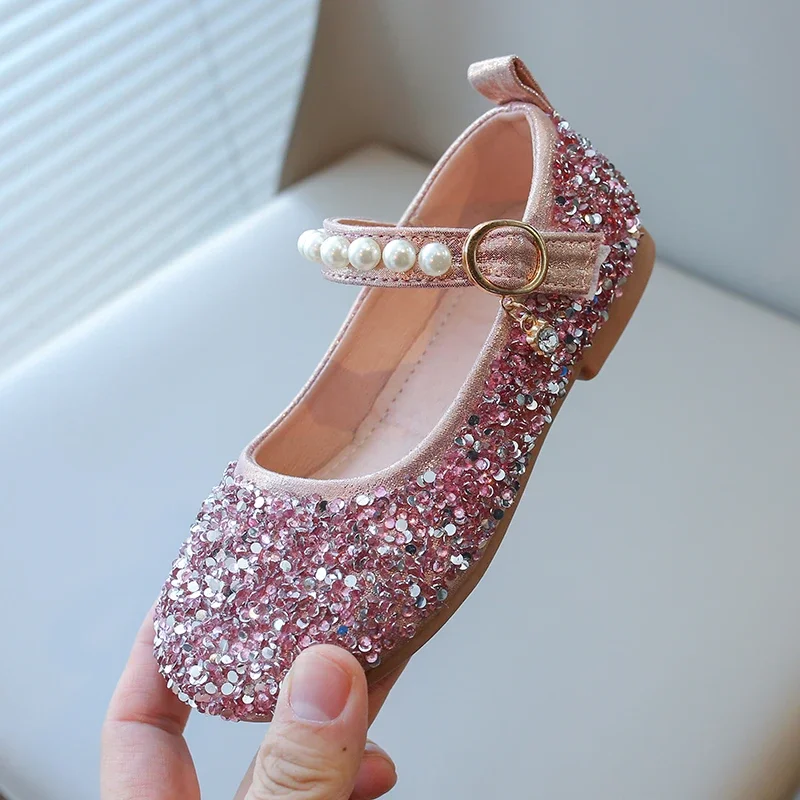 Girls Sandals Gold Sequins Pearls Princess Shoes Dance Kids Shoes Pink Non-Slip Lightweight Silver Kids Crystal Shoes Sandals