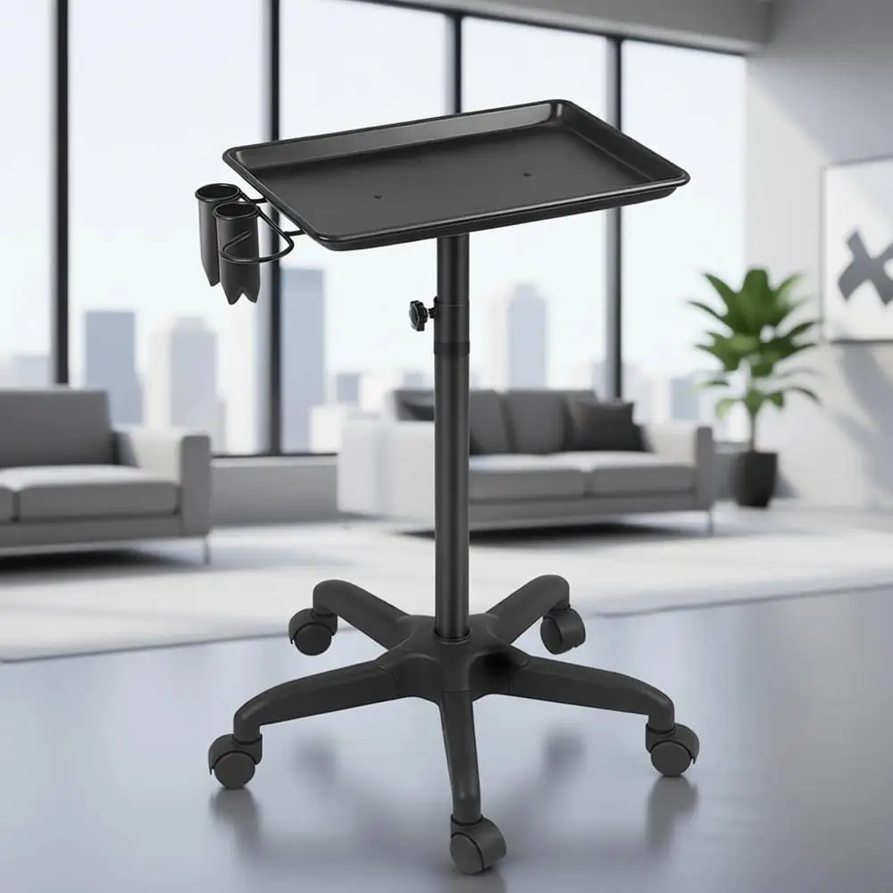 

Portable Rolling Tattoo Station with Adjustable Height and Storage Trolley in Black