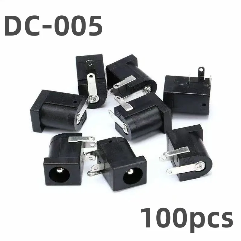 

100pcs DC-005 DC Power Jack Socket Connector 5.5x2.1/.25 Female Panel Mount Adapater Round Needle Plug Socket Connectors Black