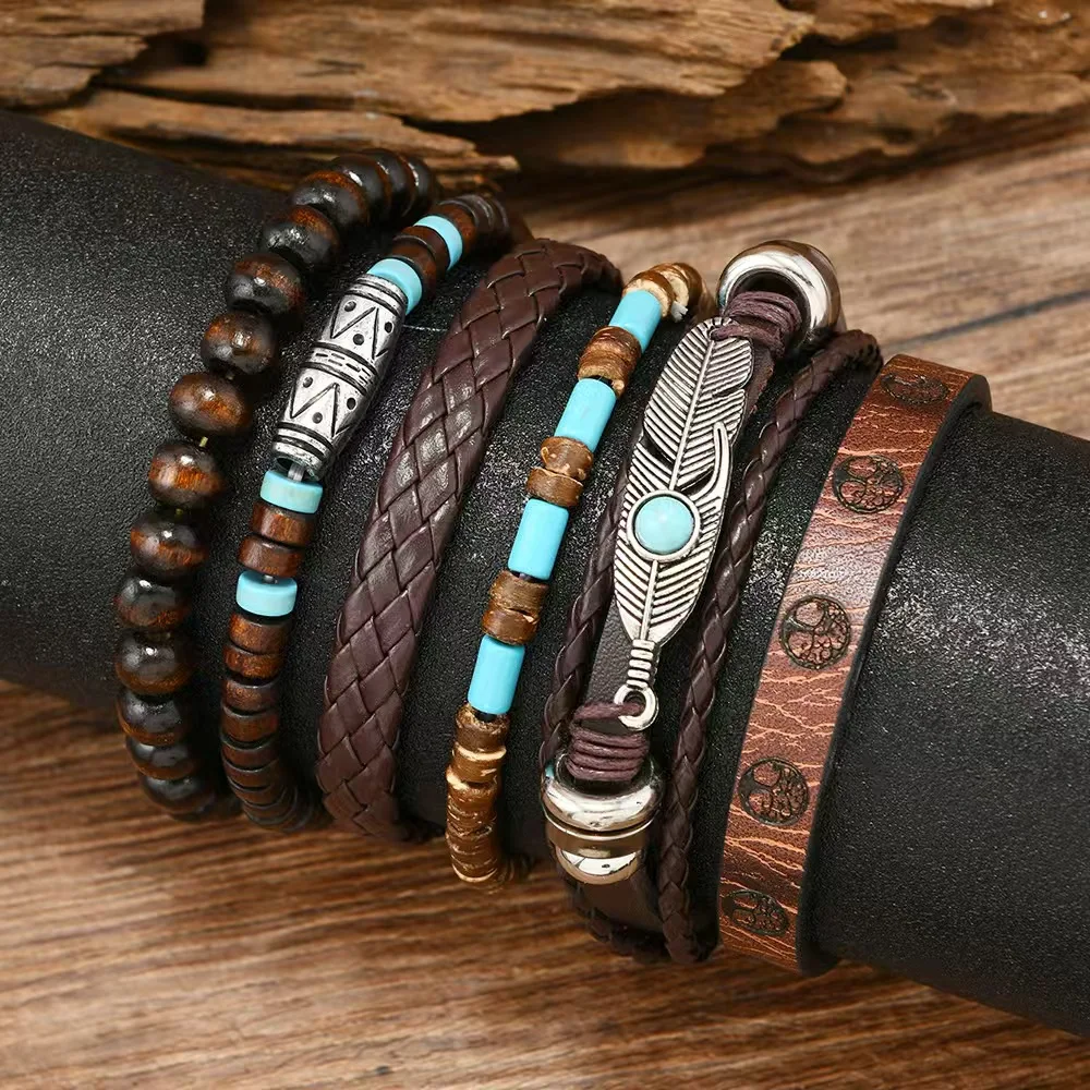 Vintage Feder Casual 6 Teil/satz Baum Handgemachte Männer Armbänder Männliche Frauen Leder Armbänder Männer Armreif Großhandel Schmuck Geschenk – Detail 14