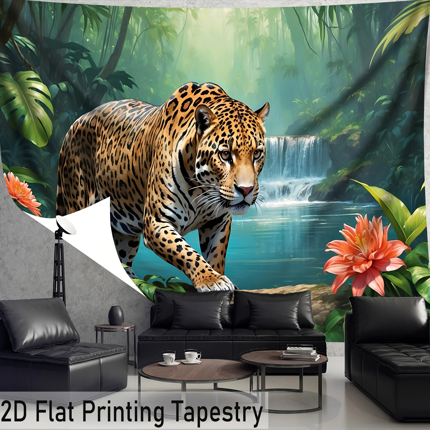 Large Waterproof Safari Jungle Tapestry Curtain Tropical Jaguar Wildlife Print for Living Room Decor Home Wall Hanging