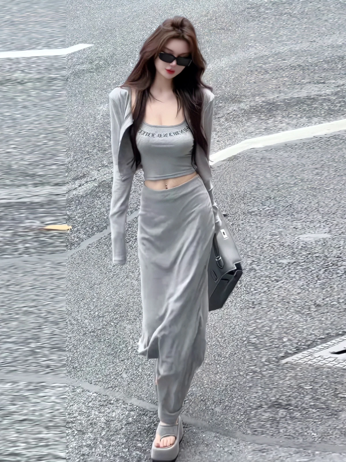 Korean Style Pure Desire Sexy Girl Sexy Neck Hanging Strap Vest Autumn New Sun Protection Cardigan Wrap Skirt Three Piece Set