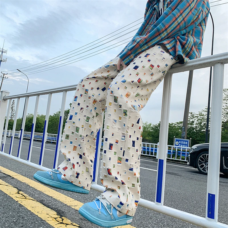 Celana Panjang Gaya K-POP Musim Semi Musim Gugur Celana Kargo Pinggang Elastis Kasual Longgar Pria Kasual Baru Celana Cetak Jacquard Retro