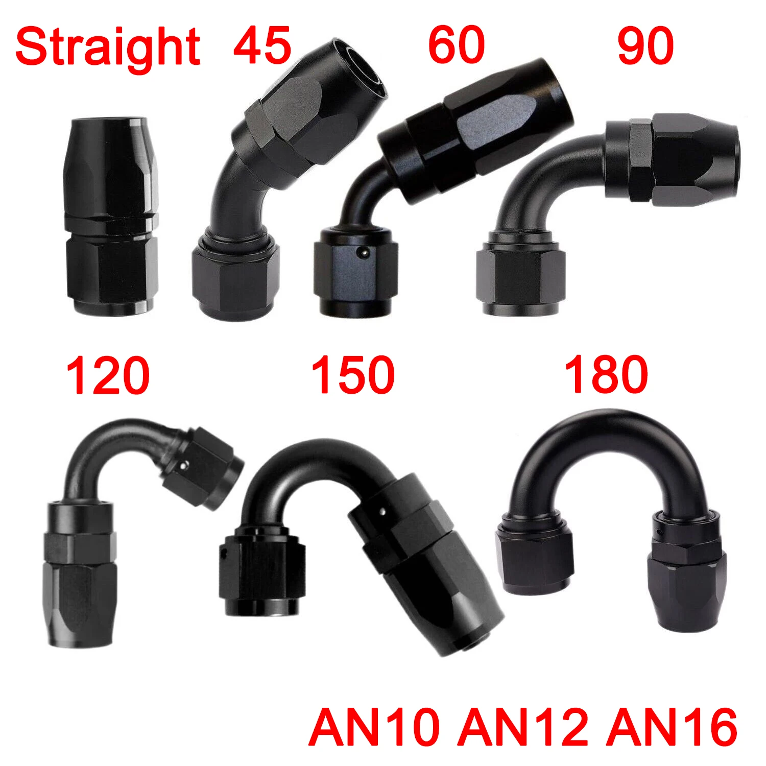 1 Pc Black AN10 AN12 AN16 Straight 45 60 90 120 150 180 Degree Oil Fuel Swivel Hose End Fitting Oil Hose End Adaptor Kit