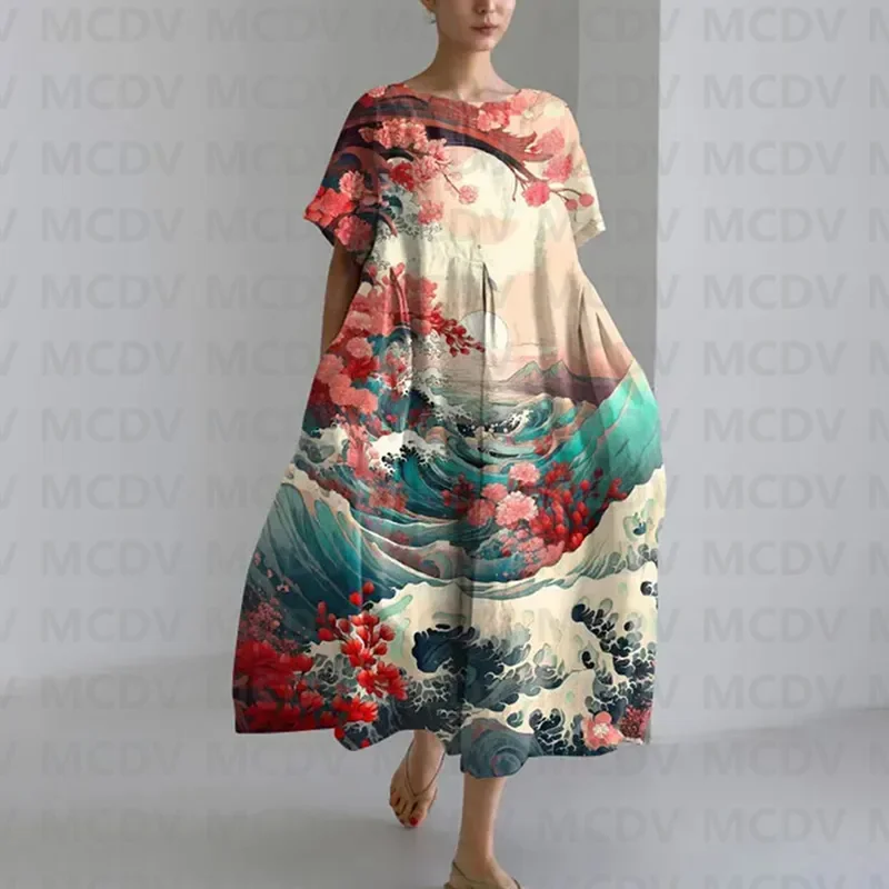 Vestido Midi de manga corta con estampado de Kanagawa para mujer, estilo japonés informal