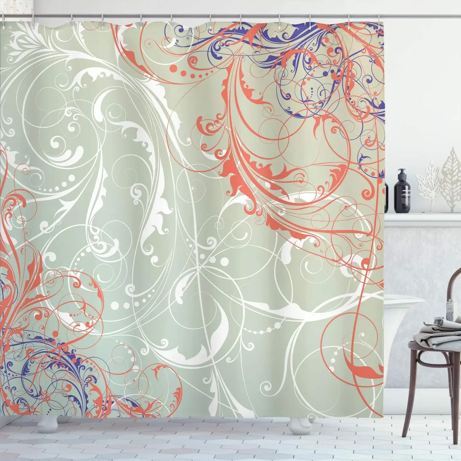 Floral Shower Curtain,Baroque Swirled Branches Curved Flower Leaves Shabby Form Nature Pattern,Fabric Bathroom Decor Set,Hooks