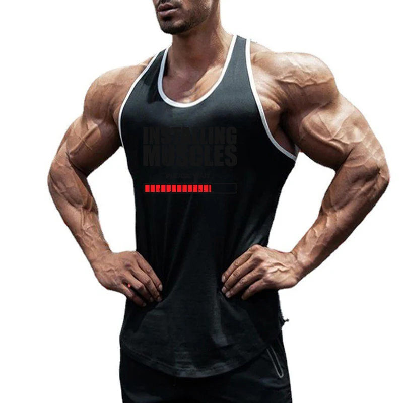 Installing Muscles Please Wait Print Vests Men\'s Cotton Breathable Bodybuilding Tank Tops Gym Sleeveless Fitness Summer T-Shirt