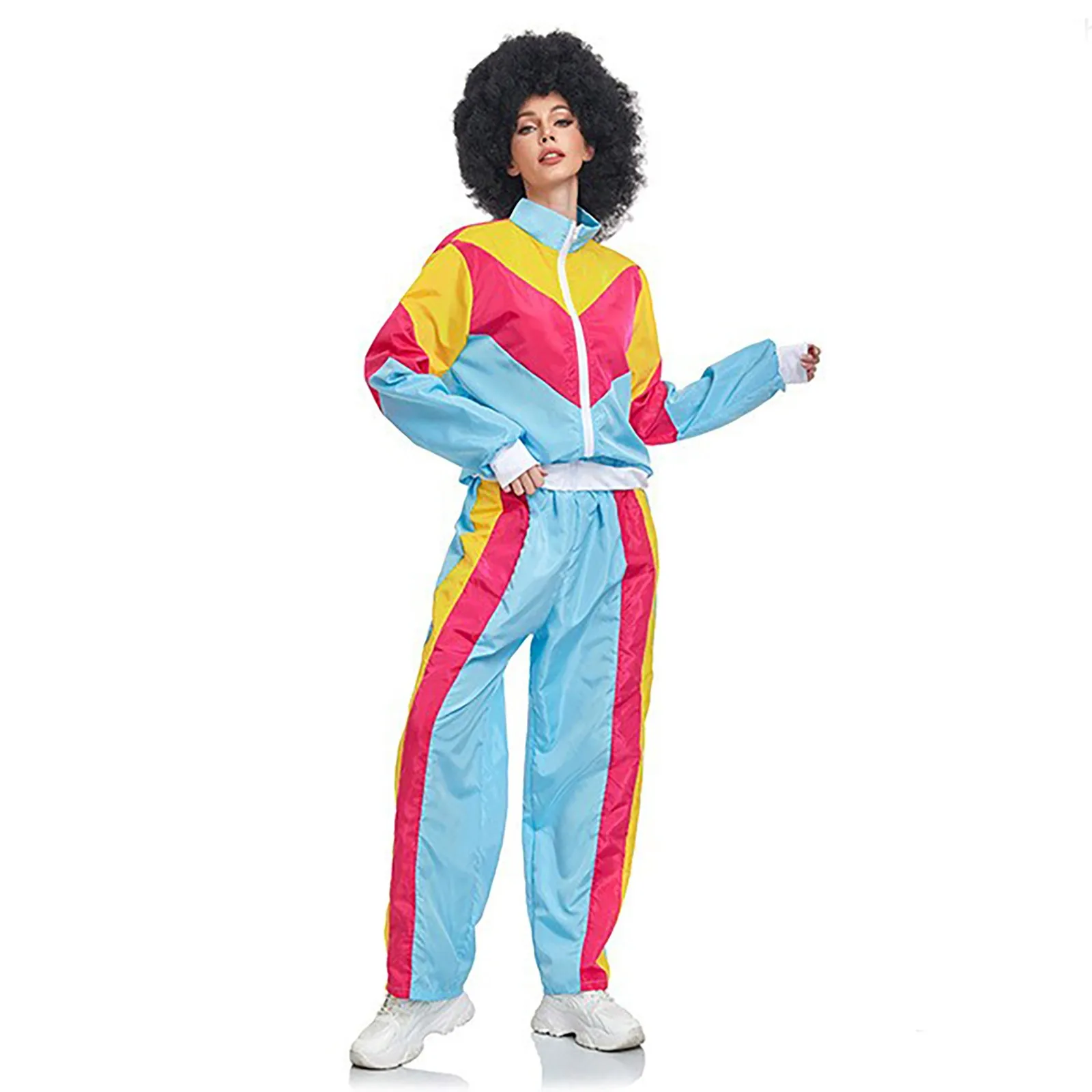 

Adult 80s Retro Style Tracksuit Hip Hop Windbreaker Disco Tracksuit Sets Colorblock Long Sleeve Tops And Pants Two Piece Outfits