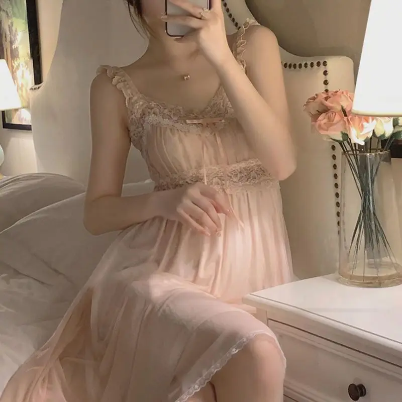 Sexy Sleepwear New Pajamas Women's Summer Lace Edge Mesh Sweet Court Fairy Princess Wind Spring or Autumn Loungewear Nightdress