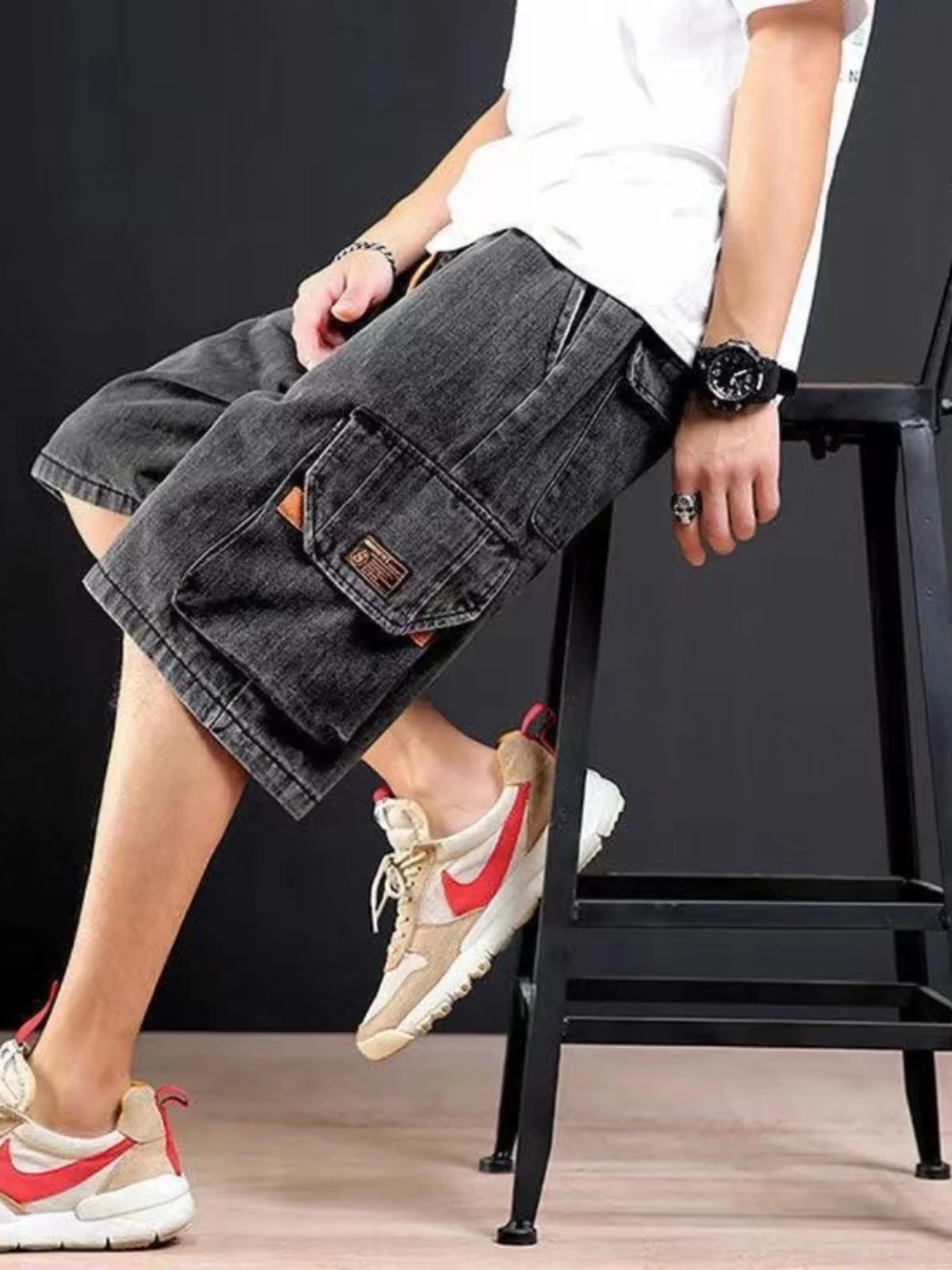 

Летние повседневные мужские джинсовые шорты свободного кроя с несколькими карманами, эластичным поясом, тонкие, износостойкие, рабочие, бриджи до колена