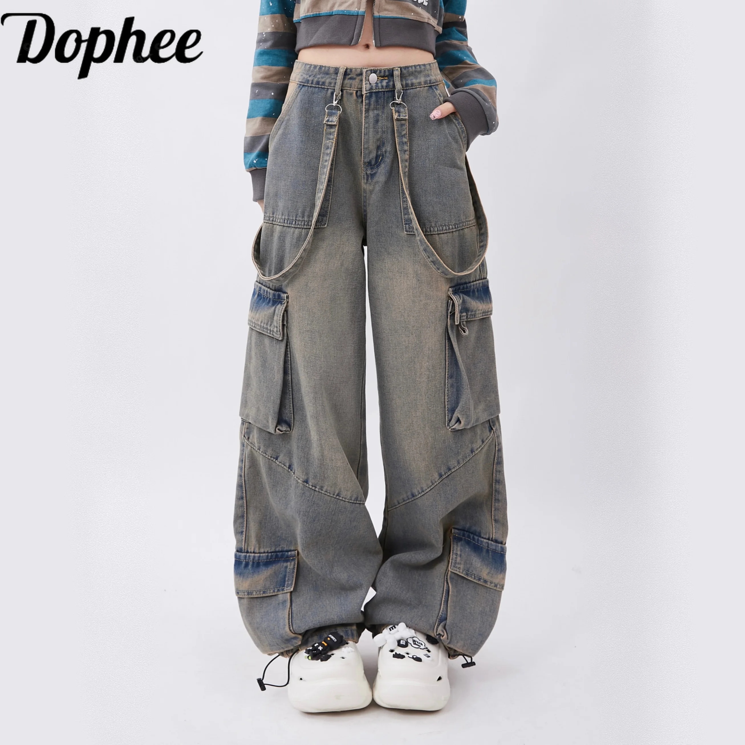 

Dophee New Spring Dopamine Dancing Jeans Women Streetwear Vintage Large Pocket Casual Overalls Loose Straight Denim Pants Blue