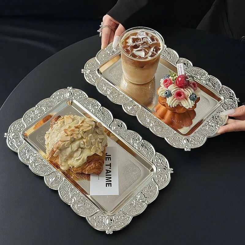 Silver Rectangle Cake Plate European-Style Carved Flower Texture Metal Fruit Tray Dessert Cake Food Platter Display Decoration