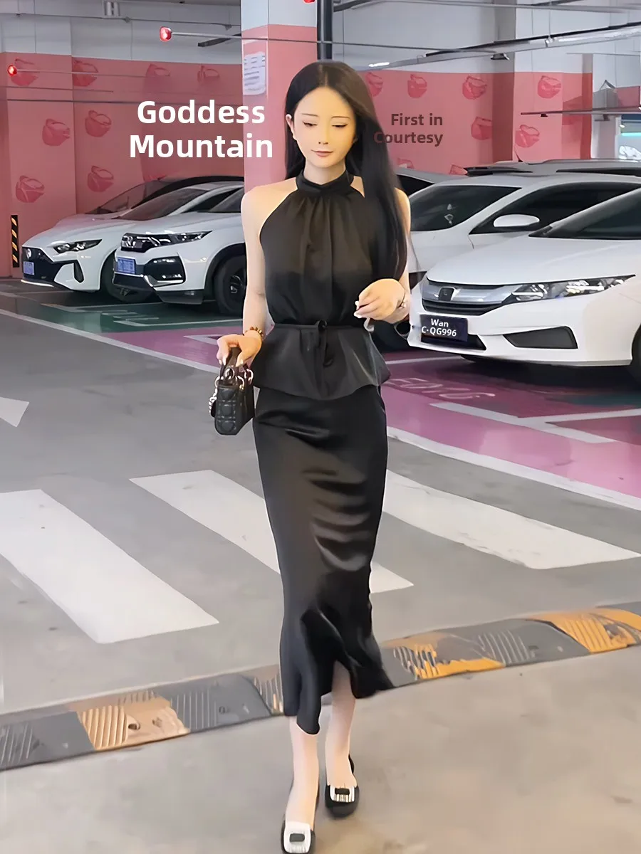 

Женский летний комплект Ele 2026: Новая шелковая юбка макси и топ, модный и элитный