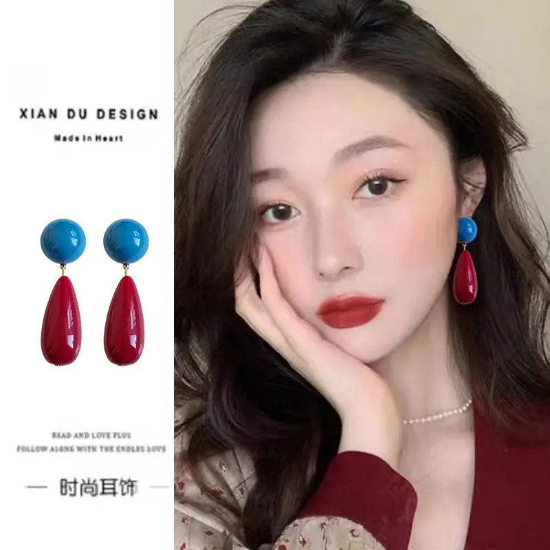 Stud Earrings Burgundy Color Block Teardrop Vintage French Bold Oversized Lightweight Resin Hypoallergenic Daily Gift for Women
