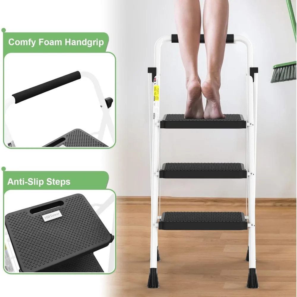 

3 Step Ladder, Folding Step Stool with Wide Anti-Slip Pedal, 500lbs Sturdy Steel Ladder, Convenient Handgrip, Lightweigh