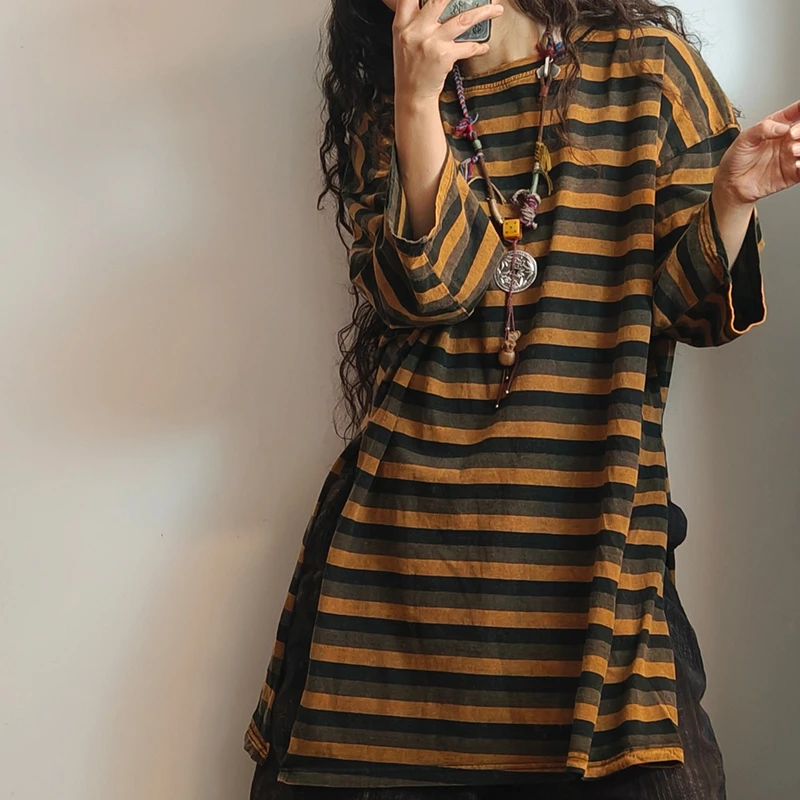 

Новинка 2026: Свободные повседневные хлопковые винтажные футболки с разрезами и полосками, с круглым вырезом, рукавом три четверти, для женщин Y69