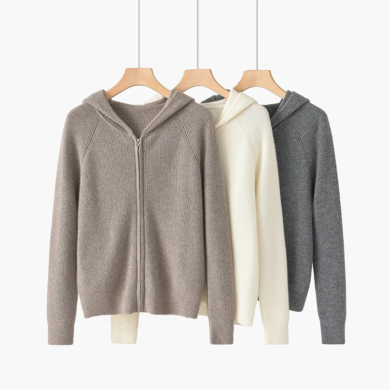 100% goat cashmere sweater cardigan hooded zipper padded shoulder sweater sweater with simple outside.