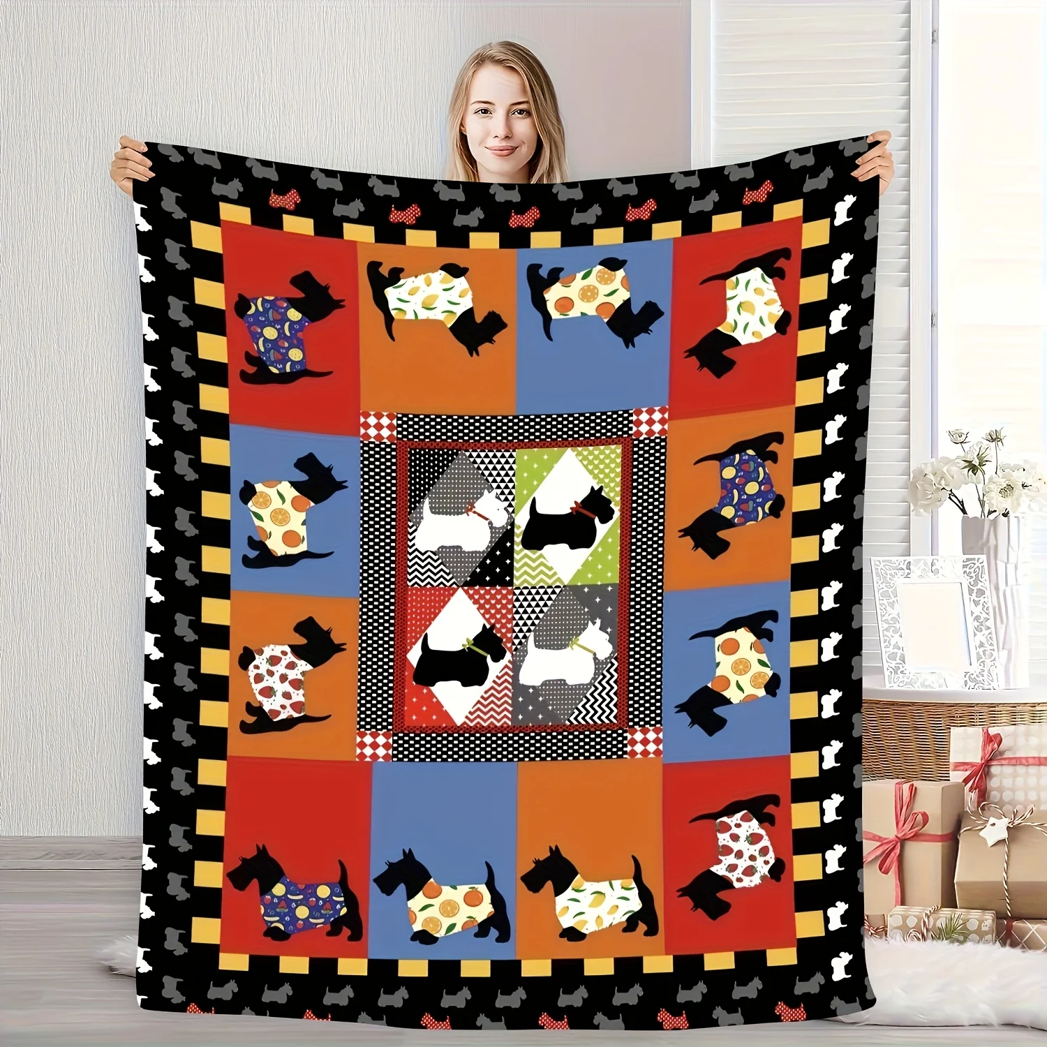 Scottish Terrier Flannel Blanket Black White Silhouette Multi Color Patchwork Design Contemporary Home Decor