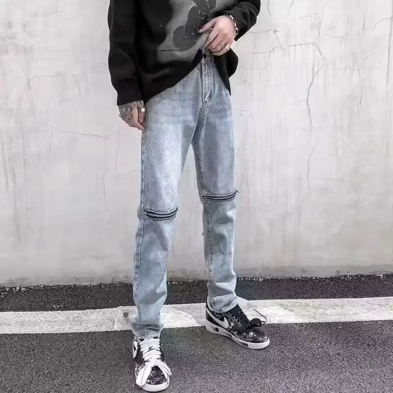 2026 New Knee Zipper Washed Light Blue Jeans Men's Slim-Fit Cropped Pants Korean Style Youth Designer Trend Menswear Clothing