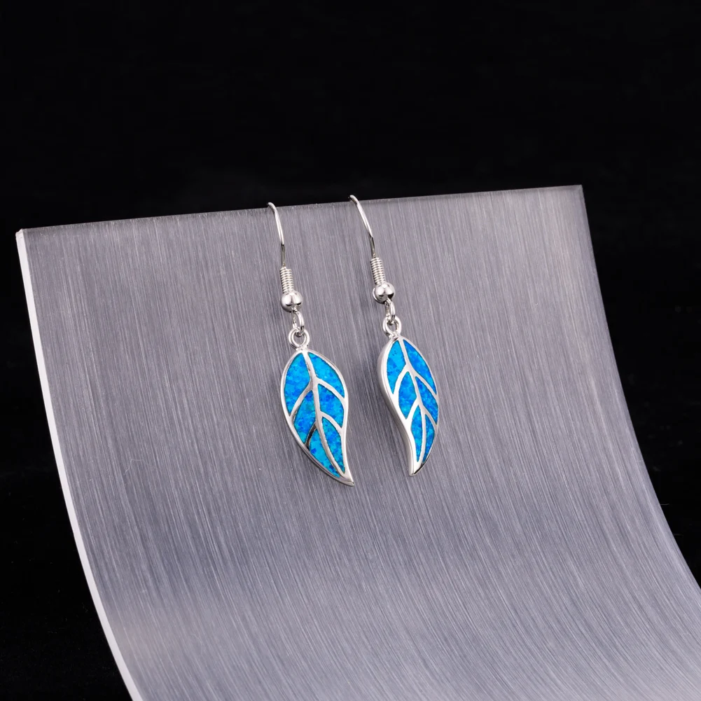 KONGMOON Nature Leaf Shape Ocean Blue Fire Opal Jewelry for Women Dangle Drop Earrings