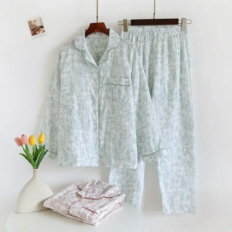 

Новый хит продаж: Женский пижамный комплект-кардиган из чистого хлопкового муслина, домашняя одежда для студенток, всесезонный, двухслойный, свободного кроя, с длинными рукавами