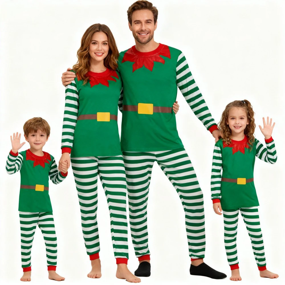 Green Santa Claus Cosplay Family Look Clothes Striped Christmas Family Matching Pajama Sets Father Mother Kids Couples Pyjamas