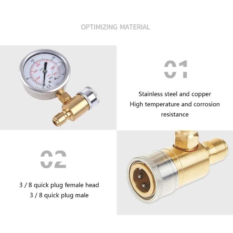 Kompaktowy miernik myjki ciśnieniowej 5000 PSI 3/8 Cal szybkozłączka manometr do myjki wysokociśnieniowej stal nierdzewna-i mosiądz