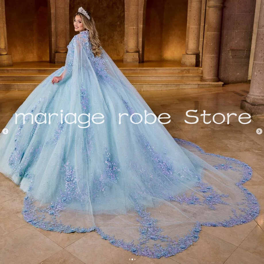 Sky Blue Sparkly Princess Quinceanera Dresses with Cape Wrap 2025 Gillter Applique Crystal Lace-up Corset vestidos de xv