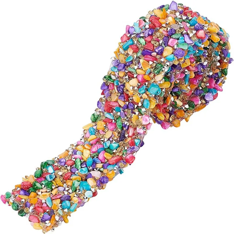 1 Yard 1.4 Inch Crystal Rhinestone Trim Hotfix Ribbon Colorful Artificial Gem Stone Beaded Iron On Applique Chain Embellishment