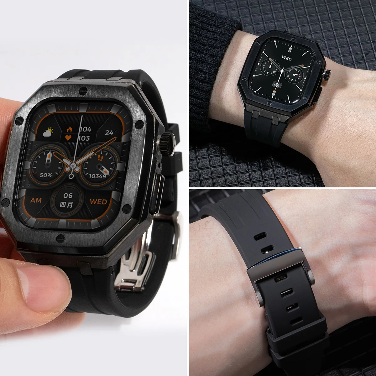 Luxury Modification Kit for Apple Watch S10 S11 Case Strap 46mm Fluororubber Band Metal Bezel Frame iwatch Series 8 9 5 45 44mm