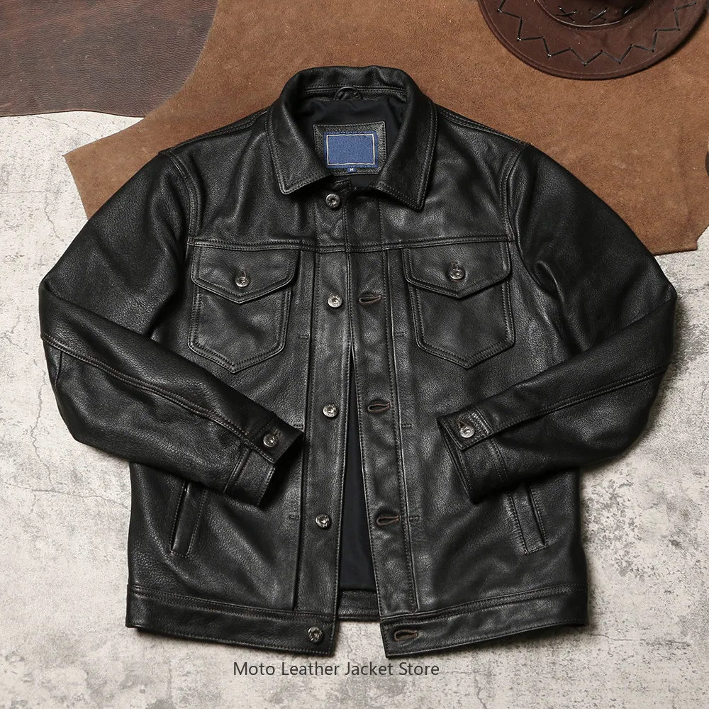 Retro Workwear Leather Jacket, Men Lapel Slim Fit Multi Pocket Biker Coat, Wax Texture Goatskin Genuine Leather Outerwear