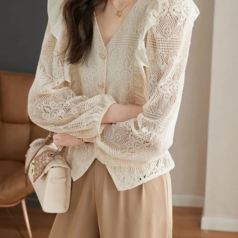 Summer Elegant V-Neck Blouse Women\'s Solid Color Commute Single-breasted Hollow Out Korean Straight Ruffles Spliced Shirt 2023