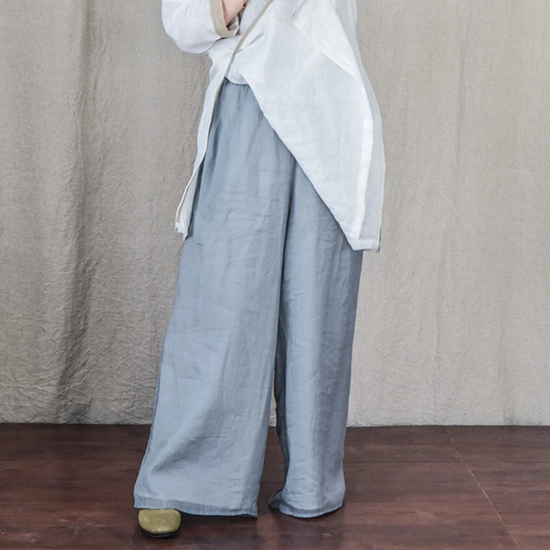 

100% Ramie Women Ankle-length Casual Pants New Arrival 2025 Summer Vintage Style Solid Color Loose Female Wide Leg Pants T491