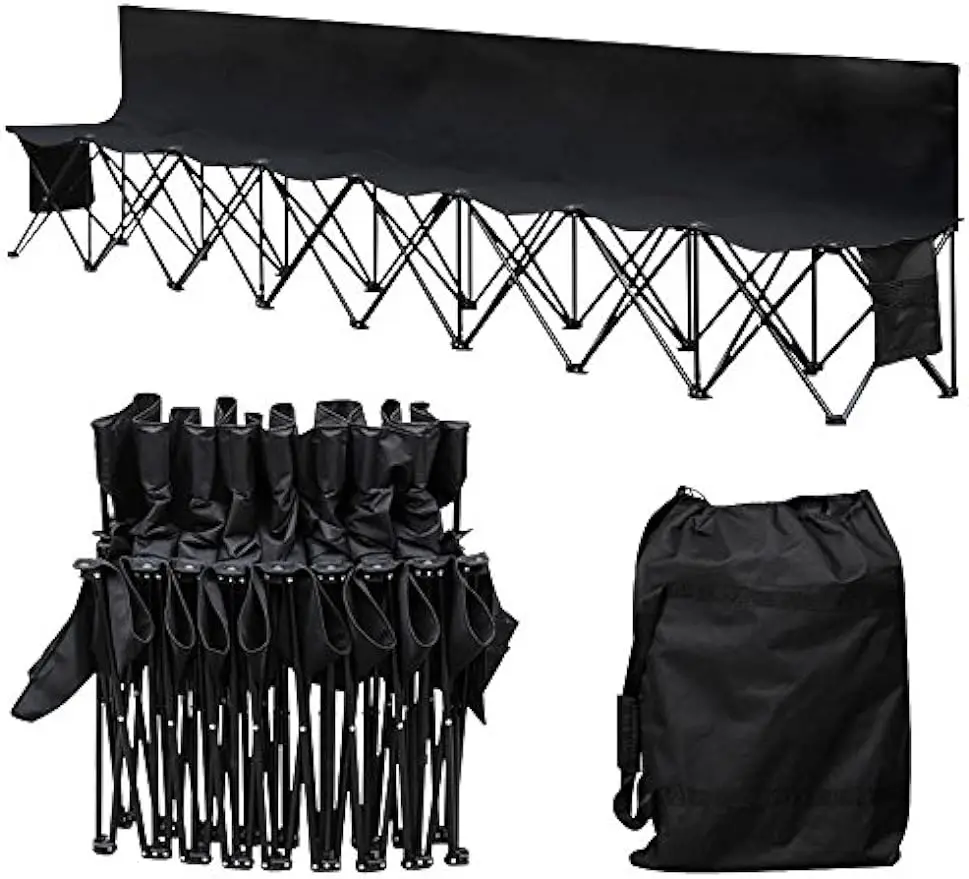 8 Seats Foldable Sideline Bench for Sports Team Portable Camping Folding Bench Chairs with Carry Bag, Black